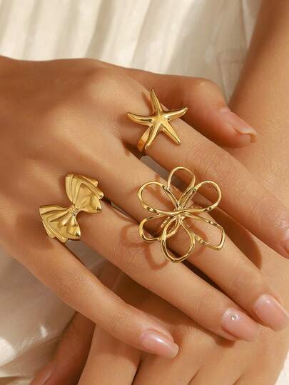  3pcs Stainless Steel Fashionable Butterfly, Flower, Starfish Open Ring Set, Suitable For Women's Daily, Travel, Shopping, Party Wear