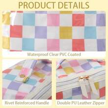 DYSHAYEN Bolsa de maquillaje de viaje con compartimentos bolsa de cosméticos con revestimiento transparente para mujer bolsa de aseo plana abierta impermeable Rainbow Gingham - Cuadros de arcoíris - Ver 3