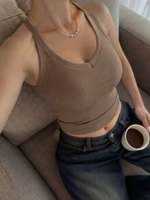 GAOVOT Women's Top Summer Simple Casual Y2K Sexy V-Neck Cross Halter Vest Is Suitable For Sports Daily Wear - Khaki - View 3