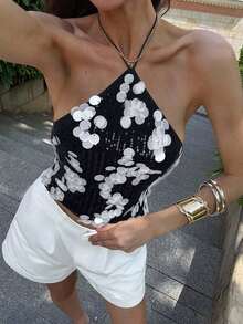 Women's Sequined Halter-Neck Backless Tie-Front Tank Top Designer-inspired High-Fashion Women's Wear Summer Clothing - Negro - Ver 4