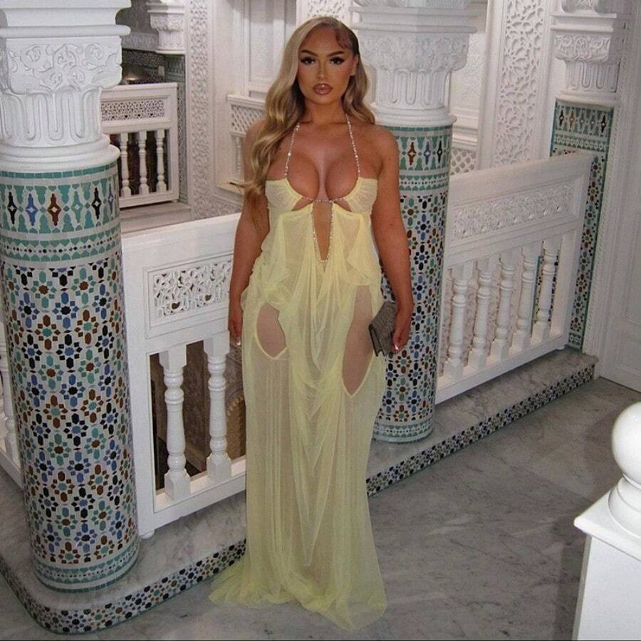 European And American Style 2026 Summer Foreign Trade New Resort Sexy Latina Netted See-Through Low Cut Over-The-Shoulder Dress For Women - 黃色 - 查看 1