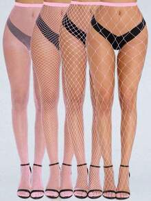 4 Pairs Women Fishnet Pantyhose Hollow Out Anti-Hook Small Mesh Stockings - 粉色 - 查看 4