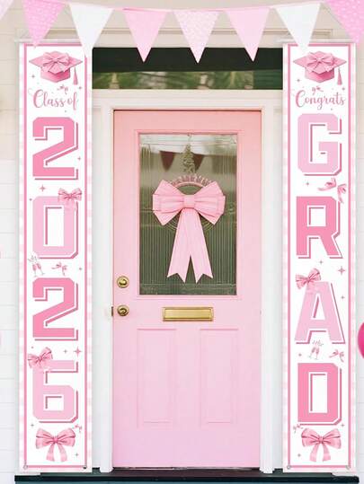 2026届毕业季门牌横幅，祝贺毕业生门牌，粉色蝴蝶结毕业装饰，30*180厘米涤纶金属粉色室内/室外墙挂装饰，2026届高中/大学毕业派对用品