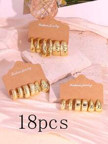 6/18pcs Fashionable Luxury Minimalist Water Drop & Smooth C-Shape Earring Set, Versatile Gift For Girlfriend/Best Friend - Gold - View 3