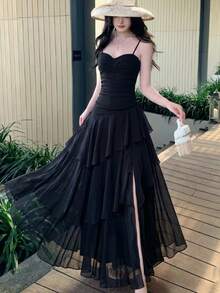Đầm hai dây xếp ly bất đối xứng thanh lịch, thích hợp cho tiệc tùng, dạ hội, sinh nhật, đám cưới, mùa xuân/hè. Màu đen. - màu đen - Xem 7