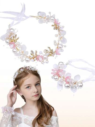 2 Pieces Wedding Flower Headpieces Wrist Flower Set Flower Hair Accessories For Wedding Rhinestones Flower Headband Fairy Pearl Flower Crown Bridal Crystal Flower Tiara For Flower Girls