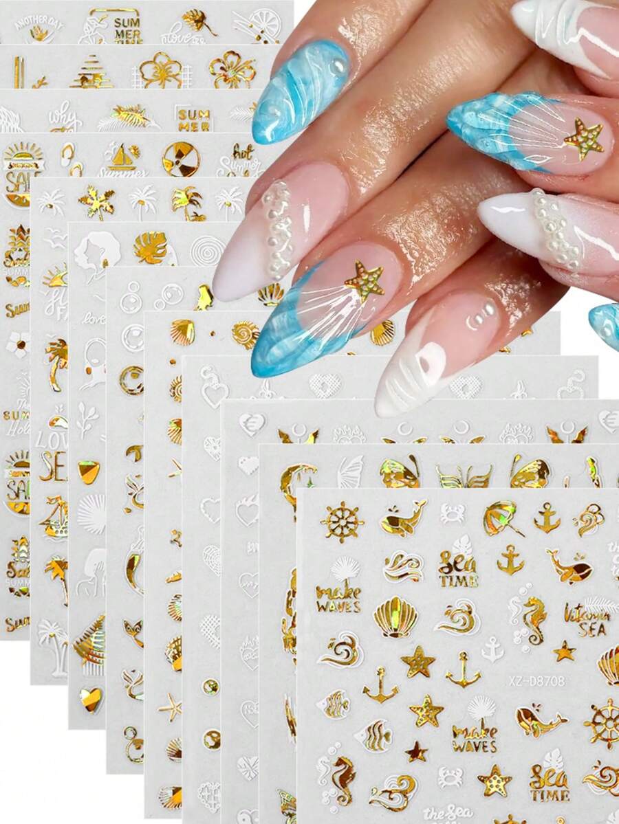 12片装烫金激光金色海洋系列美甲贴纸 3D夏季海星贝壳海螺美甲贴花 Y2K美人鱼美甲用品美甲滑块