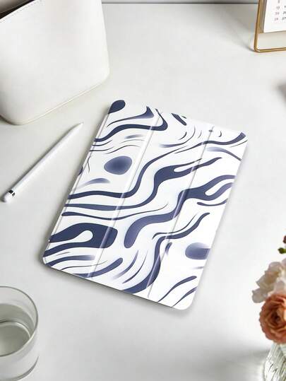 1pc Blue & White Ink Twist Stripe Pattern Painted Tablet Case, Compatible With IPad Mini 4/5/6/7, Air/Air2, 9.7/10.2/10.5, Air 4/5, Pro 11-Inch, 10th Gen, Air 11-Inch (M3) 2025, (A16) 11-Inch 11th Gen 2025, Galaxy Tab A8 10.5-Inch 2022. Includes Pencil Slot, Tri-Fold Stand, TPU Soft Edge Protection, Magnetic Sleep/Wake, Casual/Elegant/Cool/Unique/Personalized Tablet Folio Case