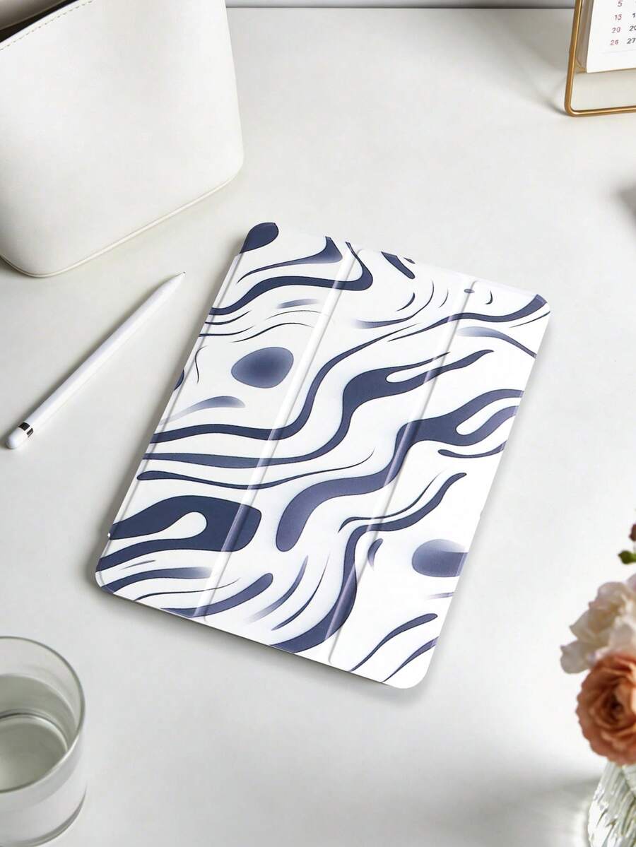 1pc Blue & White Ink Twist Stripe Pattern Painted Tablet Case, Compatible With IPad Mini 4/5/6/7, Air/Air2, 9.7/10.2/10.5, Air 4/5, Pro 11-Inch, 10th Gen, Air 11-Inch (M3) 2025, (A16) 11-Inch 11th Gen 2025, Galaxy Tab A8 10.5-Inch 2022. Includes Pencil Slot, Tri-Fold Stand, TPU Soft Edge Protection, Magnetic Sleep/Wake, Casual/Elegant/Cool/Unique/Personalized Tablet Folio Case - Multicolor - View 1