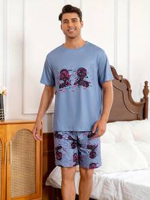 Ensemble pyjama homme d'été - motif crâne et floral, chemise ample à manches courtes avec short | Vêtement d'intérieur respirant, convient pour un usage quotidien et par temps chaud. - Couleurs mélangées - Voir 1