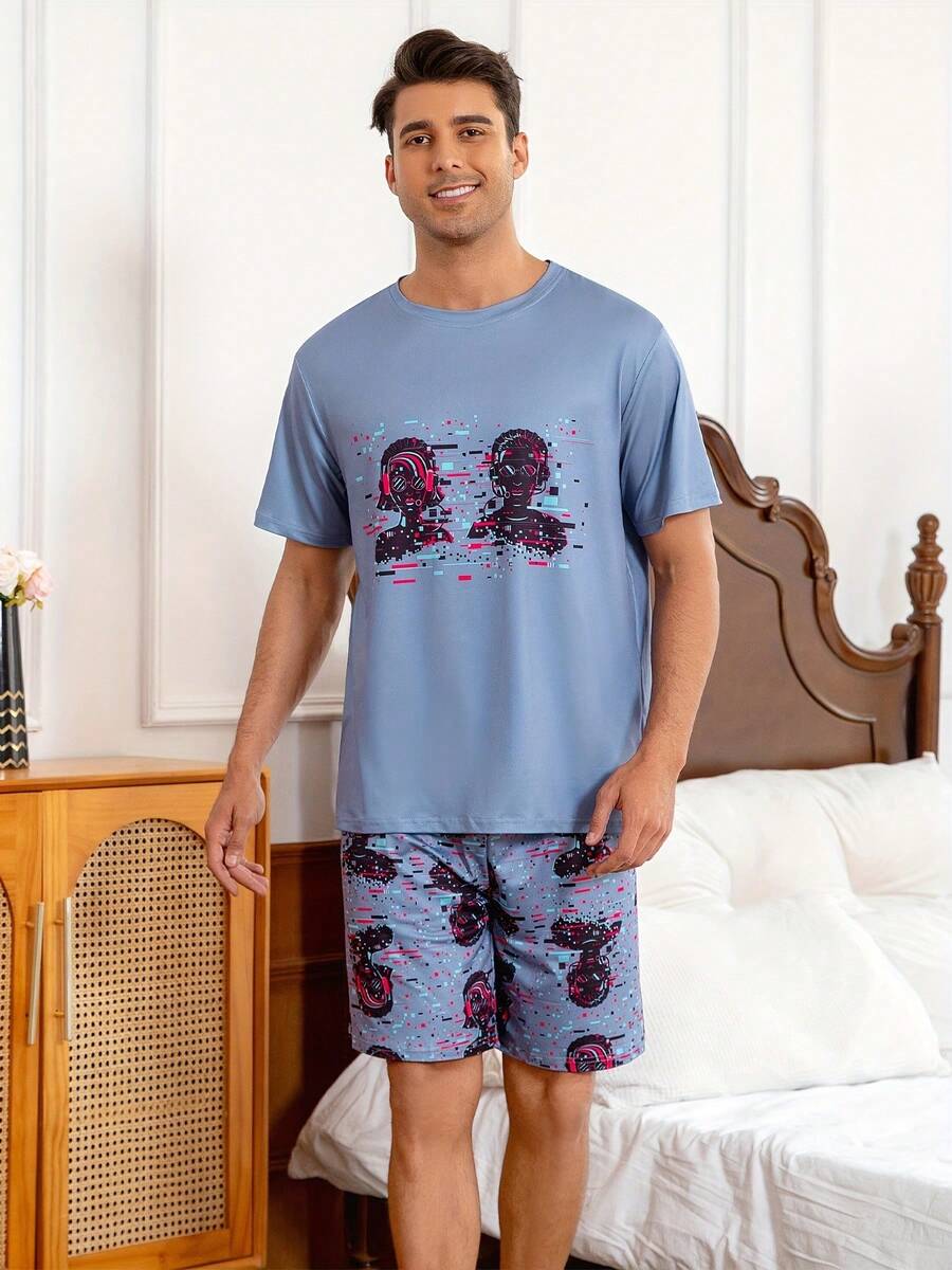 Ensemble pyjama homme d'été - motif crâne et floral, chemise ample à manches courtes avec short | Vêtement d'intérieur respirant, convient pour un usage quotidien et par temps chaud. - Couleurs mélangées - Voir 1