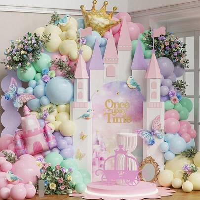 127 piezas Kit de arco de globos con tema de princesa, globos de colores rosa y púrpura tipo macaron, incluye globos de foil con corona y castillo, adecuado para decoración de fiesta de cumpleaños de niña con tema de princesa