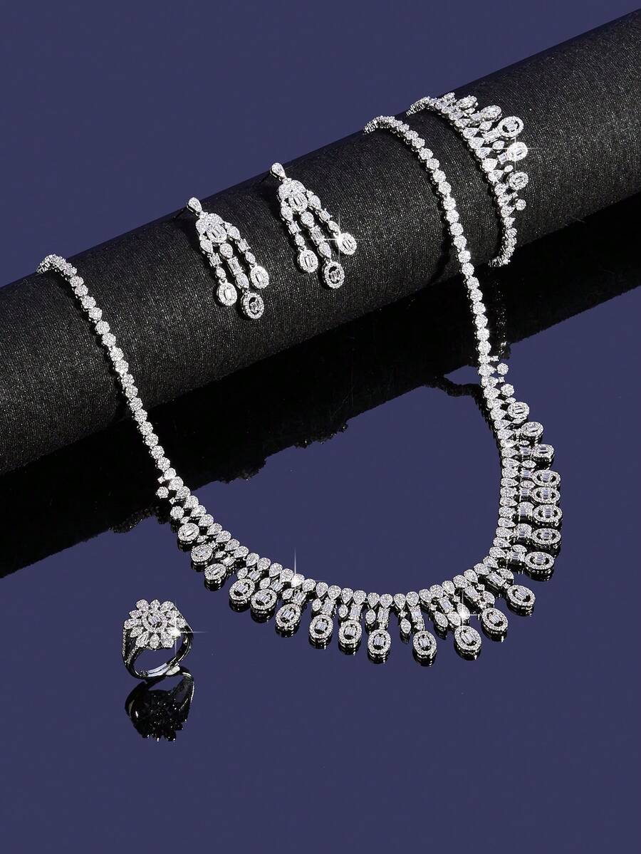 Bộ trang sức tua rua hình bầu dục 5 món sang trọng của Saudi Arabia, đính đá Zirconia, thích hợp cho cô dâu, dự tiệc, lễ phục và các dịp trang trọng. - B0462 - Xem 1