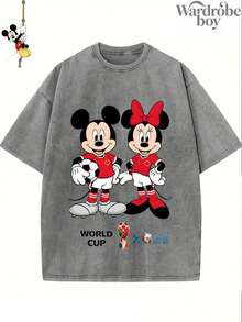 Disney Authorized Printed Washed T-Shirt, Mickey And Minnie 2026 World Cup Themed Washed Printed T-Shirt, Family Vacation Travel T-Shirt. The New T-Shirt For 2026 Is Suitable For Both Men And Women, Made Of High-Quality Pure Cotton Fabric And Suitable For Wearing All Seasons. It Is Comfortable And Breathable, With Exquisite Design, Making It A Great Gift - 灰色 - 查看 2