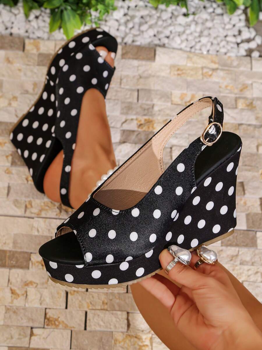 Giày sandal đế xuồng chấm bi đen cho nữ, sandal cao gót hở mũi gợi cảm có quai ngang mắt cá chân, phù hợp cho trang phục thường ngày, kỳ nghỉ, đi biển, dự tiệc, và những dịp thanh lịch. - màu đen - Xem 1