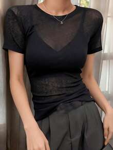 2025新款春秋季女式圆领打底衫，时尚透视短袖薄款网纱T恤，休闲黑色夏季款 - 黑色 - 查看 2