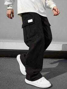 1 pieza Pantalones cargo rectos de unicolor y versátiles para niños preadolescentes, adecuados para ir y venir, la escuela, el uso diario casual, los viajes, los deportes, primavera/verano/otoño/invierno - Negro - Ver 1