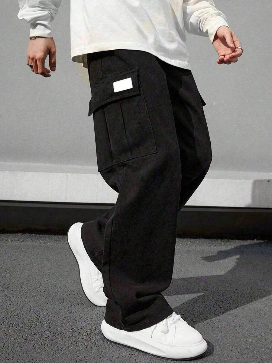 1 pieza Pantalones cargo rectos de unicolor y versátiles para niños preadolescentes, adecuados para ir y venir, la escuela, el uso diario casual, los viajes, los deportes, primavera/verano/otoño/invierno - Negro - Ver 1