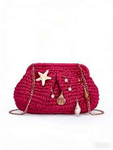 BAILEE 春夏新款一体式手拿包，手工编织草编，饰以海洋风装饰，多色草编夹扣，可拆卸金色链条肩带，女士单肩包、斜挎包、手拿包，适合海滩休闲度假、购物、派对、婚礼招待会、送礼，可搭配各种服饰 - 彩色 - 查看 19