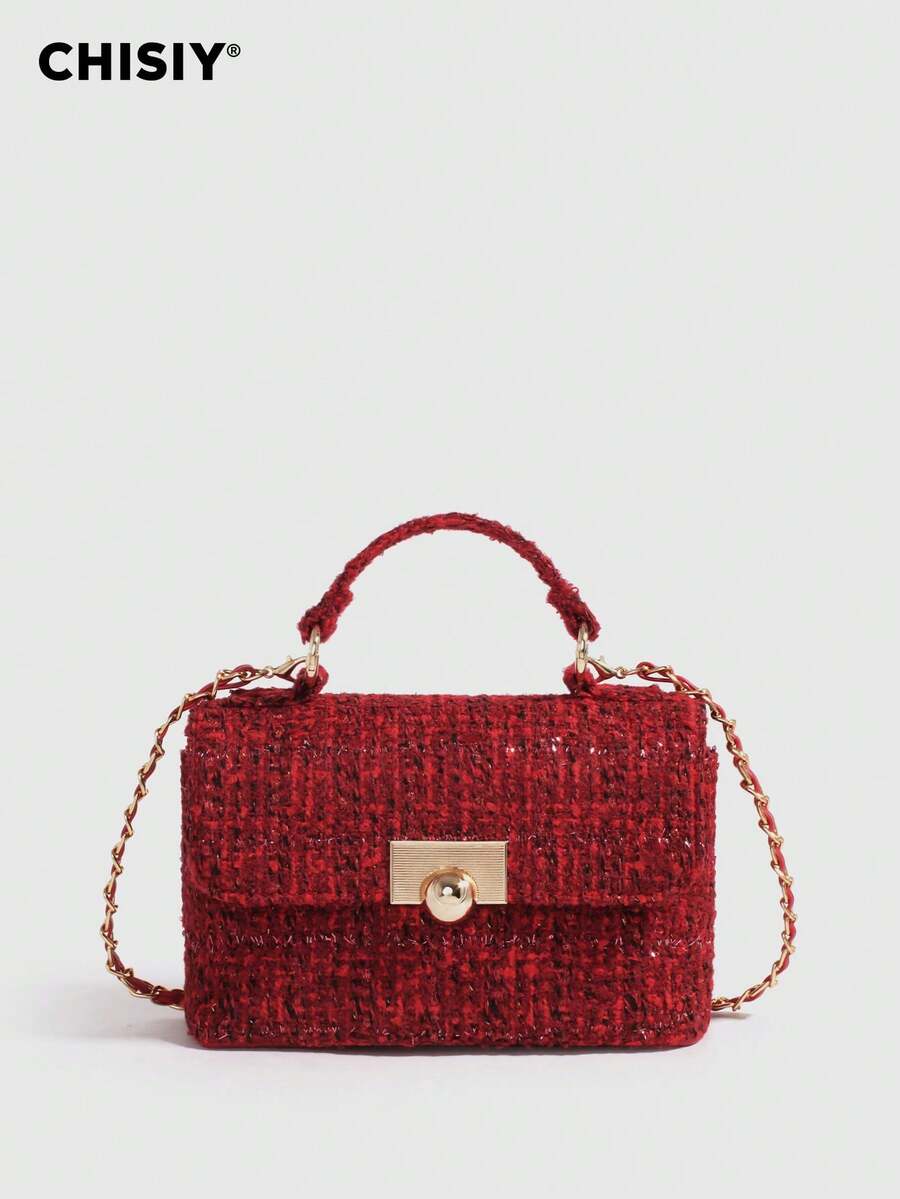 Retro And Elegant Tweed Handbag, Generous And Simple Shoulder Bag, Customized Gold Ball Buckle Crossbody Bag, Suitable For Business Casual, Shopping And School, Front Twist Lock Handbag, With Shoulder Strap, Shoulder Bag, Crossbody Bag Is Very Suitable For Daily Life, Party And Travel, Lightweight And Durable, Versatile Retro Charm, Suitable For Women Who Pursue Elegant Personality, Suitable For Any Occasion, Showing Unique Fashion Taste - 小香酒紅色 - 查看 1