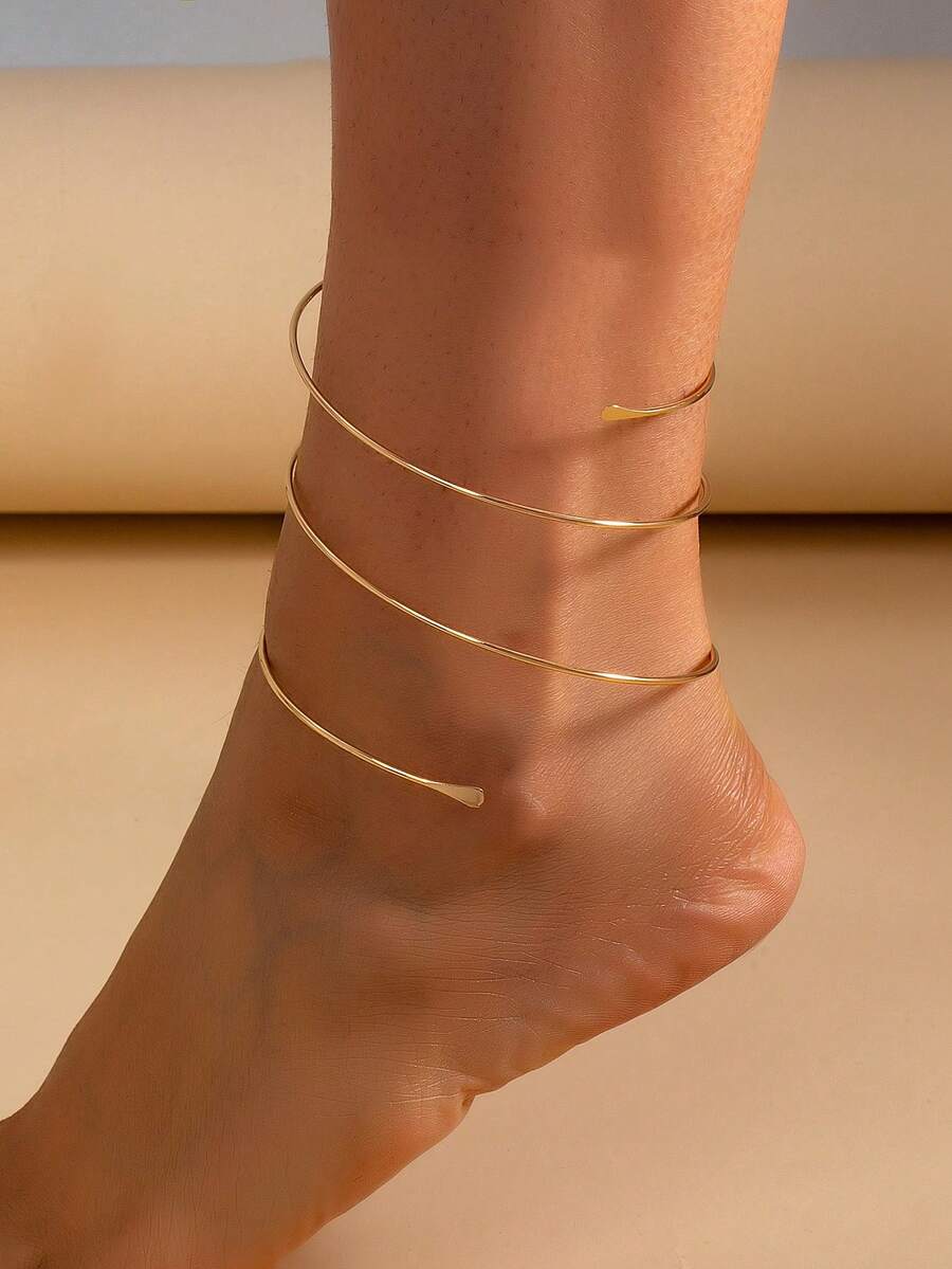 Minimalist Gold Wire Anklet, Dainty Three-Layer Wrap Ankle Bracelet, Cute Beach Foot Jewelry Accessory-No Gift Box - Yellow Gold - View 1