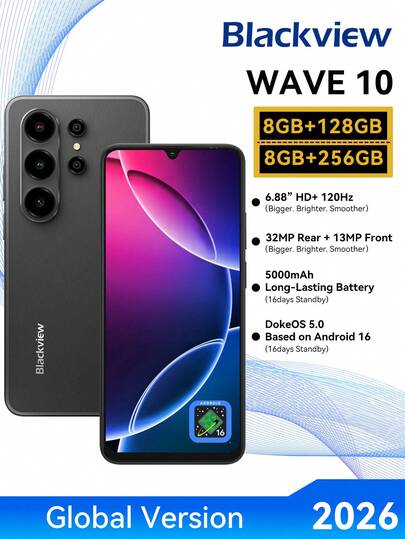 Blackview WAVE10 无锁智能手机，安卓 16 系统，5000mAh 电池，支持 10W 快充，八核处理器（8GB+24GB 可扩展），GB+128GB/256GB SD 卡，最高支持 1TB 存储容量