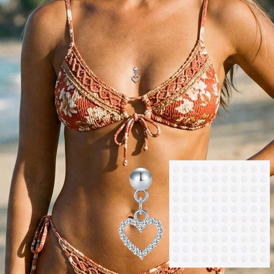 1 set de 1 pieza de joyería corporal falsa sin perforación tipo dermal para mujeres, pegatinas para el pecho y 1 hoja de pegatinas - Plateado - Ver 1