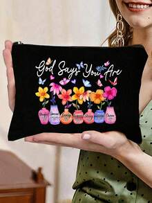 1pc Inspirational Christian Makeup Bag | "God Says You Are Unique" Religious Cosmetic Pouch With Floral Bible Verse Prints | Zippered Portable Multi-Functional Travel Organizer | Multi-Color |Suitable For Everyday Use, Travel, Beach, Vacations, Business Trips, Commuting, And Campus Life | The Perfect Gift For Women During Holidays/Easter/Mother's Day/Independence Day/Wedding Season/Graduation Season/Anniversaries/Birthdays - Multicolor - View 2