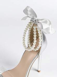 女士时尚高跟鞋，果冻凝胶，绑带，露后跟，仿珍珠链，丝带，夜店风，派对，露趾，经典方头凉鞋，夏季，户外，常规款，女士银色凉鞋，高跟凉鞋，银色电镀鞋跟，细跟，简约，性感，蝴蝶结 - 銀色 - 查看 10