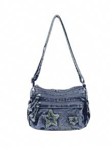 水洗牛仔布多拉链单肩包，复古时尚百搭斜挎包，轻便休闲星形图案女士手提包 - 彩色 - 查看 15