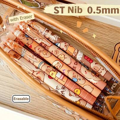 Caneta Gel Apagável com Padrão de Capivara Cartoon, 3/6 Peças Caneta Retrátil de Escrita, Caneta de Escrita Suave para Escritório, Escola e Estudantes