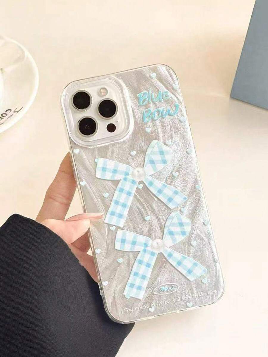 蝴蝶结蓝色蝴蝶结优雅羽毛雪纺手机壳，兼容苹果11/12/13/14/15/16/17系列 - 彩色 - 查看 1