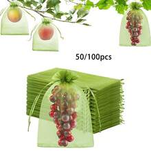50/100个水果防护袋，绿色水果网袋，带抽绳，可重复使用，防虫屏障，保护植物、水果、花卉、蔬菜等。 - 100pcs - 查看 1