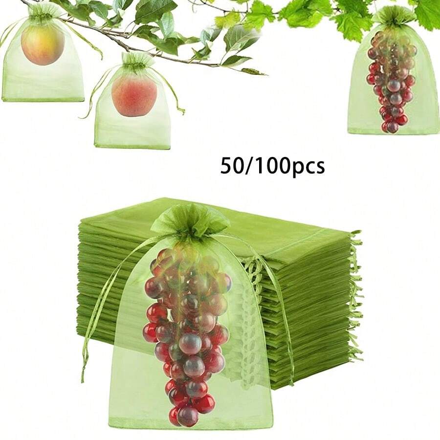 50/100个水果防护袋，绿色水果网袋，带抽绳，可重复使用，防虫屏障，保护植物、水果、花卉、蔬菜等。 - 100pcs - 查看 1