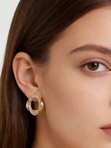 1件欧美风不对称水钻锆石合金耳环，简约设计，适合女性日常佩戴 - 金色 - 查看 2