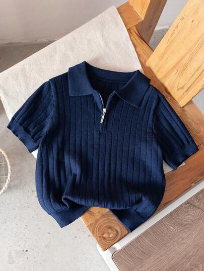 男童纯色麻花针织短袖半拉链轻薄毛衣，适合上学和日常穿着，春夏秋季皆宜。