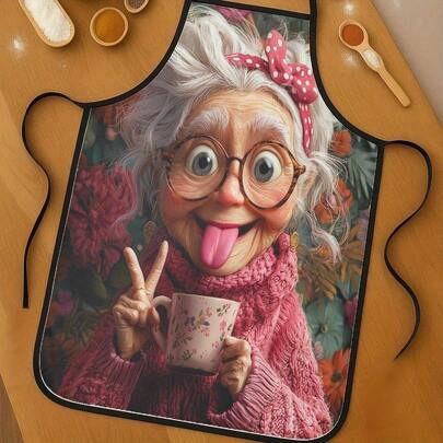 1pc Funny Grandma Chef Apron - With Pink Polka-Dot Bow, Long Eyelashes & Cup - Heavy-Duty Polyester Cooking Apron For Baking, Cleaning - Perfect Gift For Home Cooks & Grandma's - Easy-Clean Kitchen Apparel, Baking Accessory, Playful Design,60*80cm