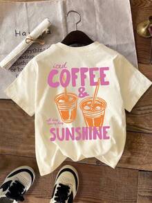 女士冰咖啡阳光印花短袖圆领T恤，标准版型，弹力面料，可爱夏季上衣 - 杏色 - 查看 4