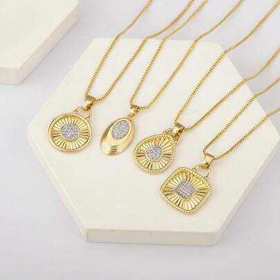 1件白色锆石18K镀金铜几何吊坠项链，奢华珠宝，简约设计，优雅女士礼物