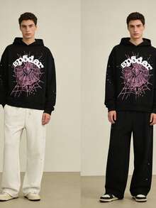 [2-Piece Sports Pants Set]Y2k Hoodies, Men's Hip Hop Spider WebPattern, Graphic Alphabet Print HarajukuVintage Hoodie, Punk Rock Style, LongSleeve Street Wear Top For Both Men AndWomen Oversized Hoodies - 黑衛衣*2 - 查看 3