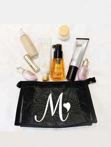 Bolsa de malha preta com estampa de letras brancas de A a Z, transparente, para guardar cosméticos. Grande capacidade e multifuncional, ideal para viagens, guardar batons, produtos de cuidados com a pele, maquiagem e outros itens essenciais. Perfeita para estudantes, com zíper e design minimalista. Ideal para guardar joias, joias, viagens, negócios, natação e para guardar em casa. Perfeita para as férias de verão. - Preto - Ver 8