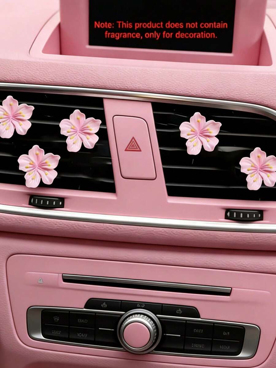 5pcs Alloy Lovely Sakura Design Car Air Freshener Vent Clip, Car Vent Decoration Clip, Car Interior Accessories, Fragrance-Free - 5 Pink Cherry Blossom Decorative Clips - View 1