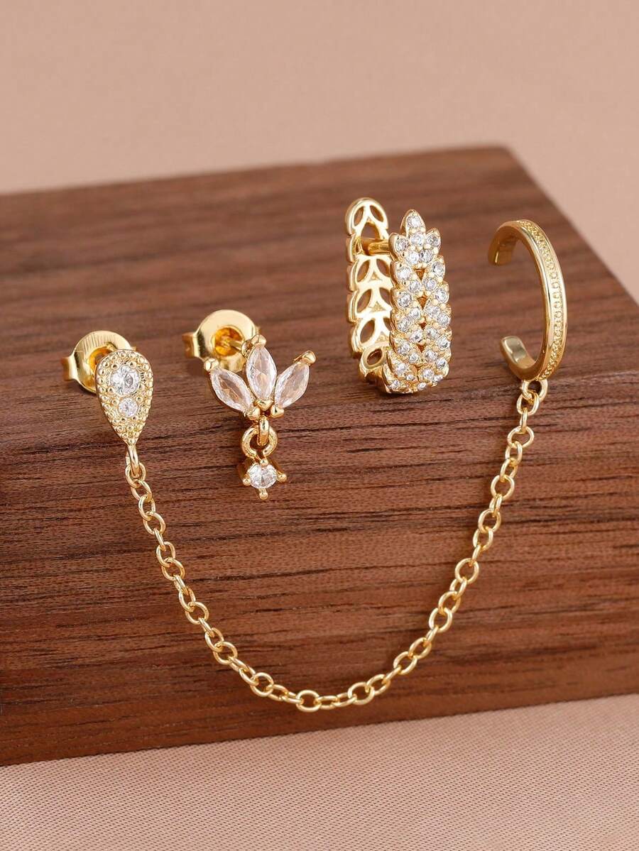 3 Stücke Vintage Zirkonia Blumen Ohrringe Set, Quaste Kette Ohrmanschette Ohrringe, 18K Vergoldeter Schmuck für Frauen, Verlobungs- & Geburtstagsgeschenk - Gold-3# - Übersicht 1