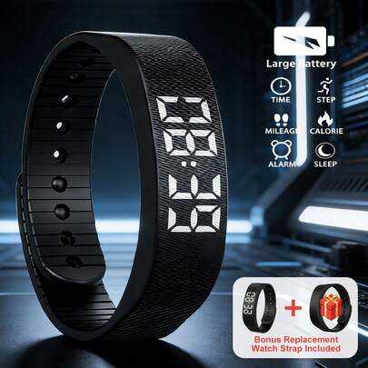 1pc Unisex Daily Wear Black Silicone Strap Smart Watch With LED Display, Step Tracker, Calorie Counter, Sleep Monitor, Vibration Reminder. Includes 1 Replacement Strap, Suitable For Running, Daily Life, School, Gifts, Holidays, Etc.