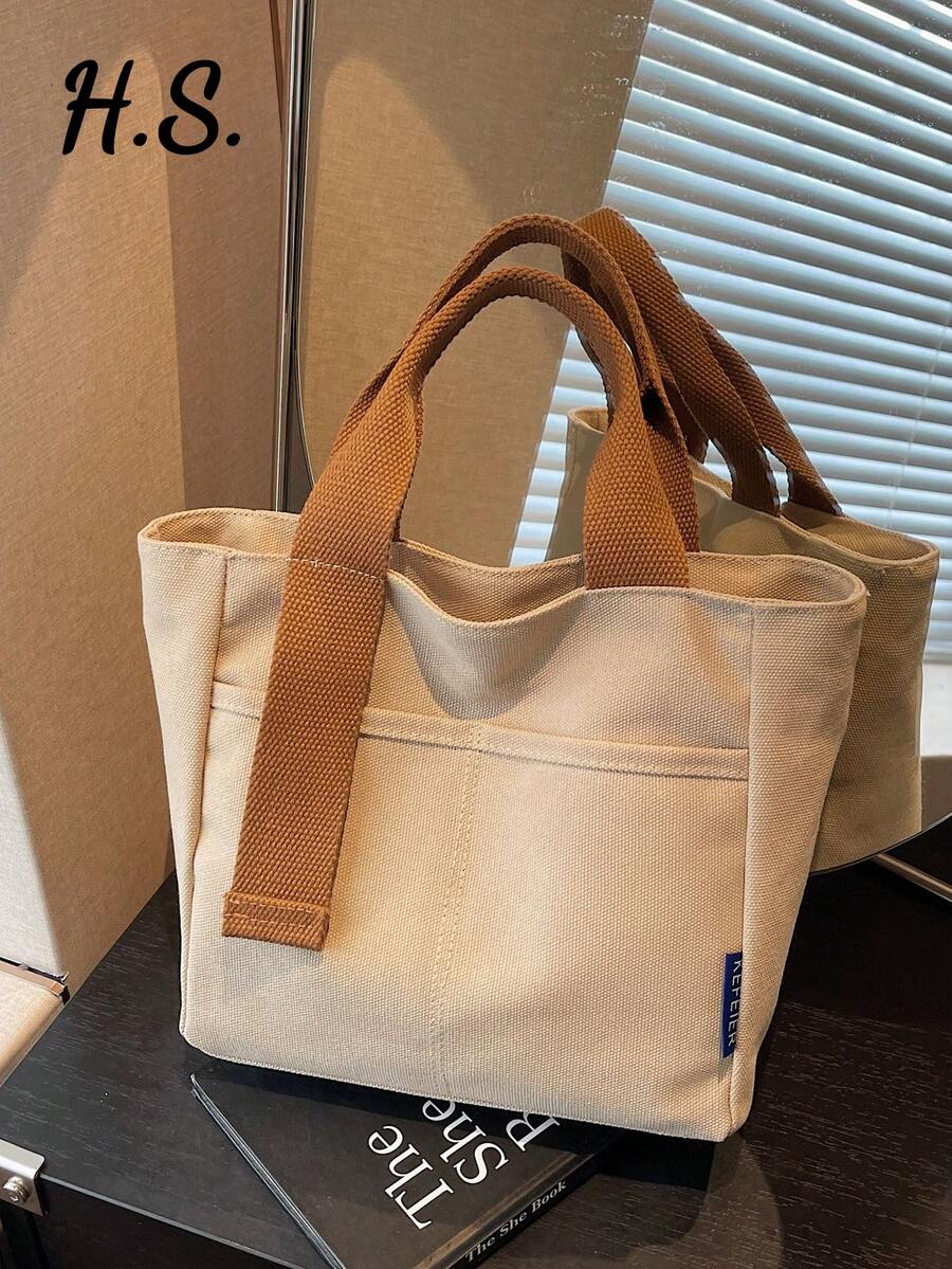 Túi tote vải canvas nhẹ, màu trơn, dung tích lớn, nhiều ngăn, kiểu dáng giản dị, phù hợp cho sinh viên đại học và sinh viên, túi đựng cơm trưa tiện dụng khi đi chơi, mua sắm, đi làm, du lịch, nghỉ mát, túi đa năng cho mẹ.