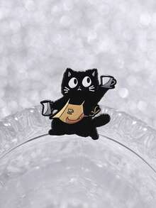 Barista Black Cat Latte Art Enamel Badge, Cute Healing Cafe Culture Style, Running & Jumping Black Cat Khaki Apron With Latte Art Pitcher And Coffee Cup, Cat Lover And Coffee Addict Occupational Identity Accessory - Black - View 9