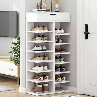 Zapateros Organizador Estante para Zapatos 40*22*113CM Zapatera Mueble Madera con 7 Niveles y cajón erior Acomodador de Zapatos Ideal para Pasillo Entrada Sala de Estar