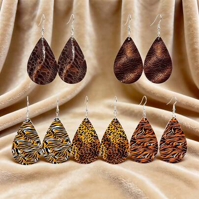 5 paires/set Boucles d'oreilles pendantes à imprimé peau de serpent style goutte d'eau rétro, boucles d'oreilles en bois style rayure de tigre exagérée polyvalente et personnalisée pour la villégiature, convient pour les sorties quotidiennes, les fêtes et les cadeaux pour femmes