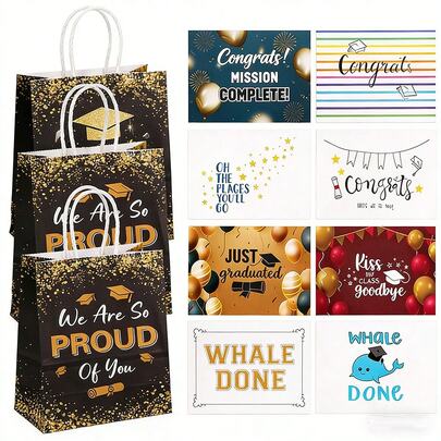 24pcs/12pcs/2pcs Graduation Paper Gift Bags, Handheld Graduation Party Decor Bags, Graduation Party Gift Bags And Greeting Cards