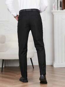 Men's Solid Color Waist Belt Pockets Straight Leg Suit Pants (Irregularities) - 黑色 - 查看 3